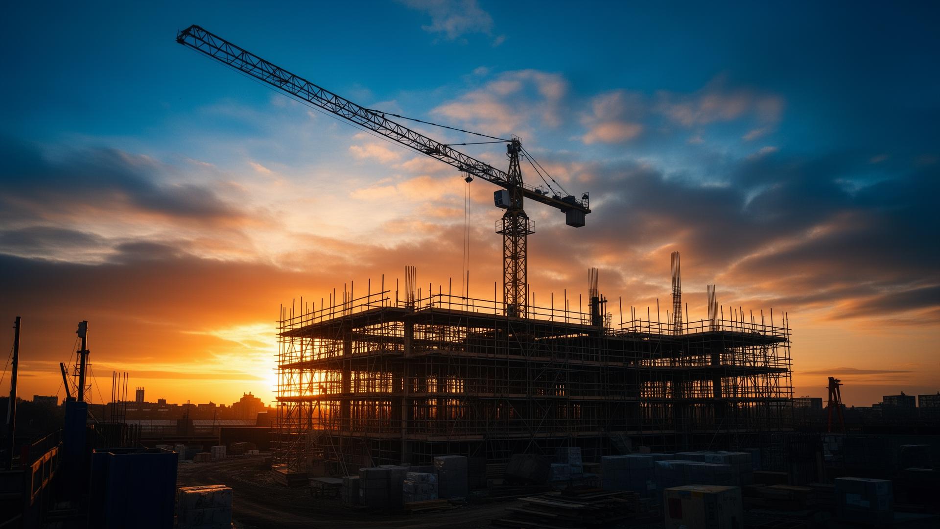 UK construction site at sunset